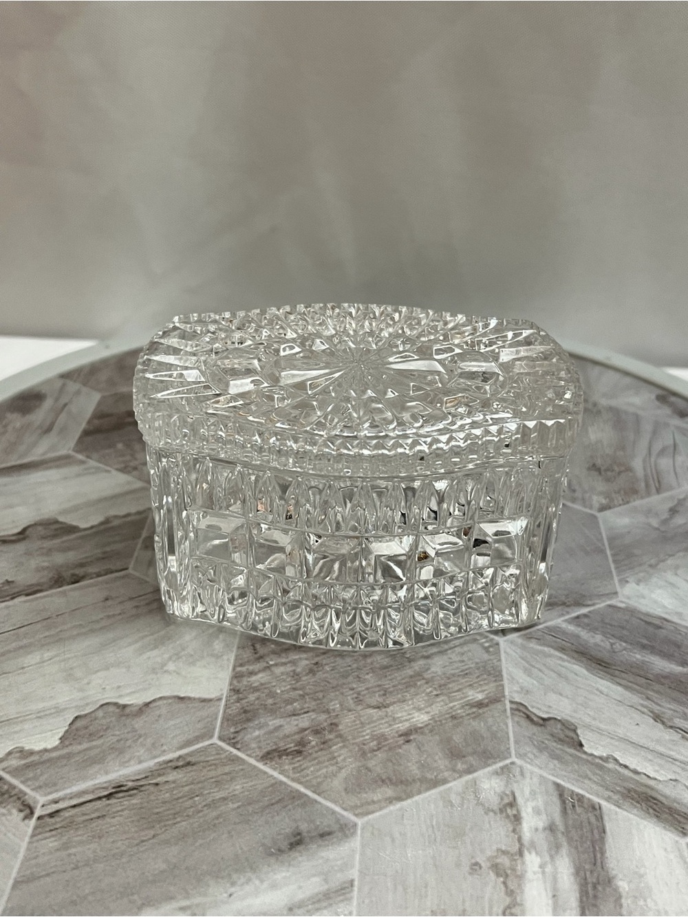 Vintage Cut Crystal Glass Trinket Jewelry Box With Lid Starburst Design